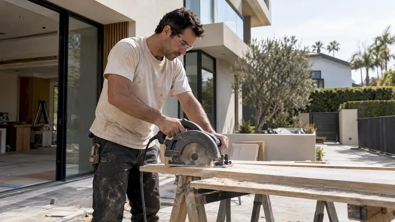 Contractor running a circular saw on a work table beside a modern home under construction