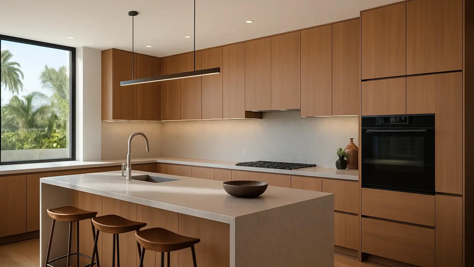 Mid-century Santa Ana tract home kitchen with flat-panel walnut cabinets and a new range hood