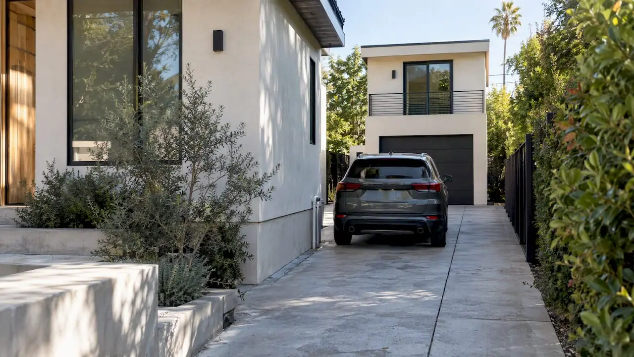 Modern ADU behind a West Hollywood home with a car parked in the driveway