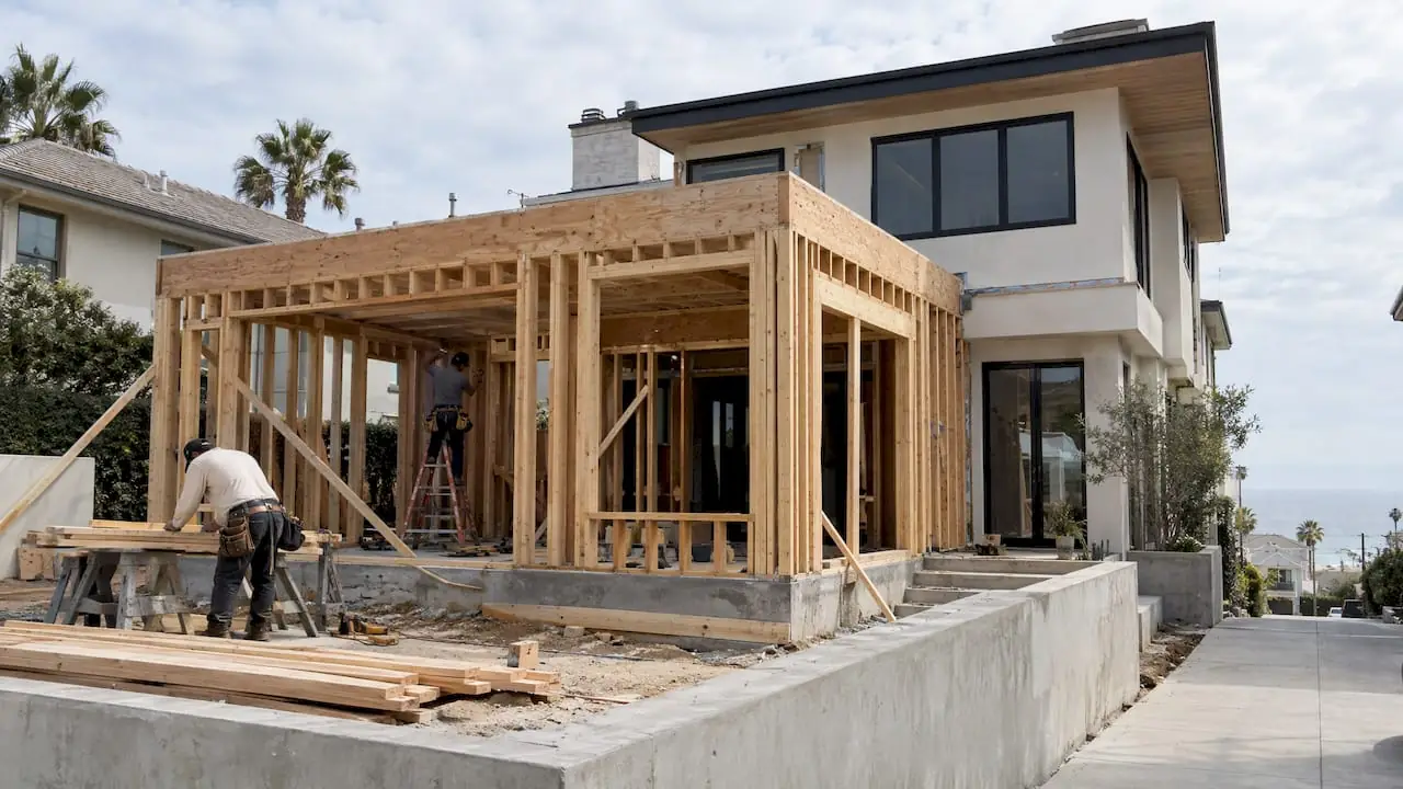 Two-story Los Angeles home with a new framed addition under construction at the rear