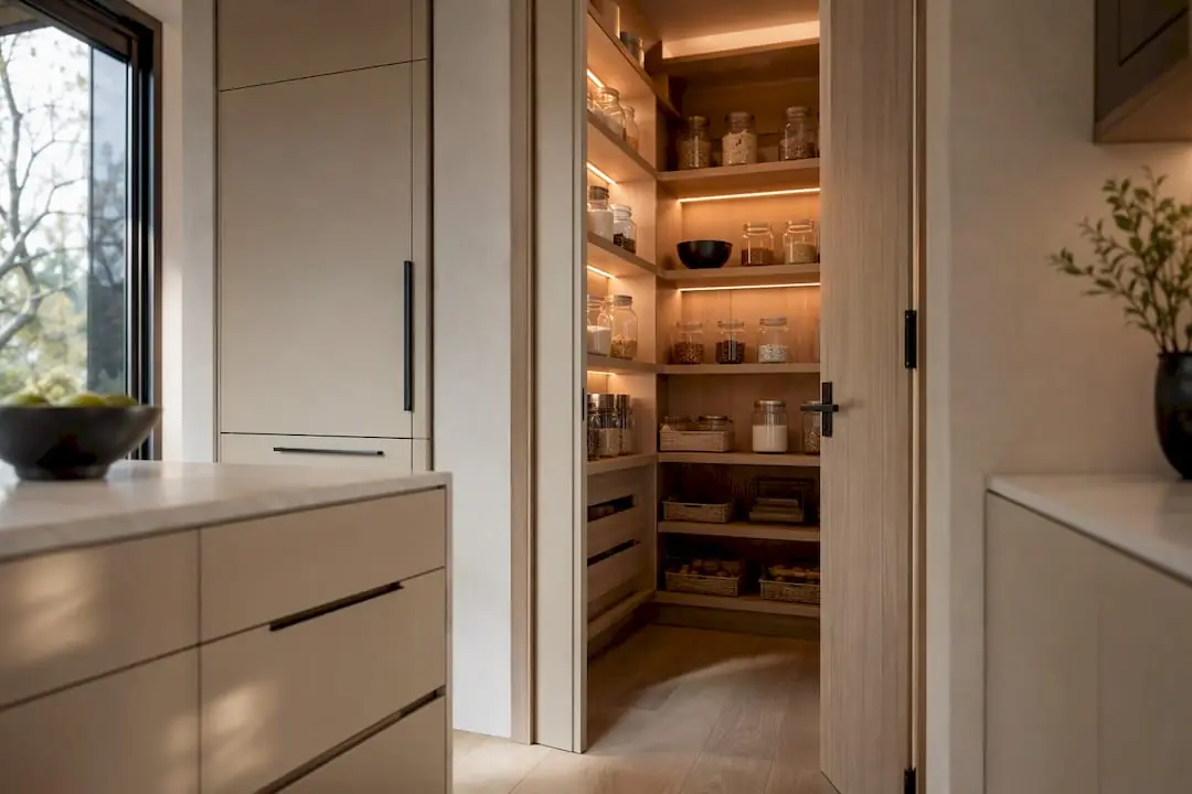 Remodeled kitchen pantry with shallow wood shelves, labeled clear containers and baskets on the lower shelves