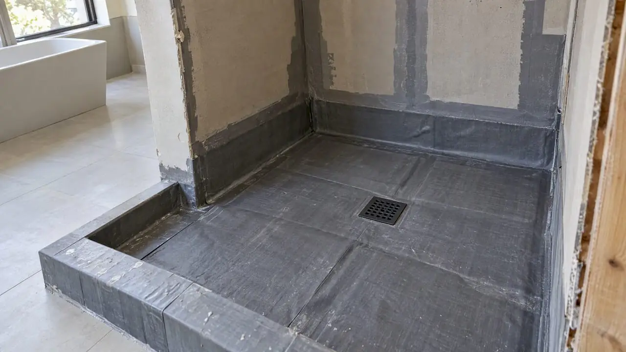 Orange waterproof membrane covering a sloped shower floor and walls before tile is set