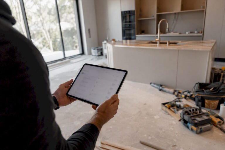 Hands holding tablet with punch list at construction site