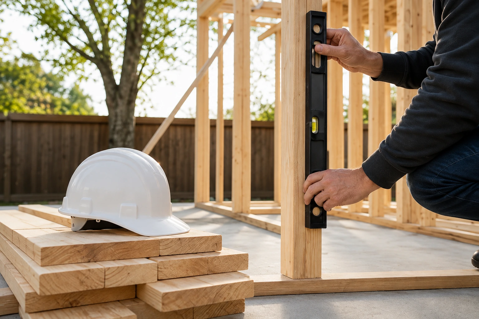 Hands inspecting framing at ADU construction site