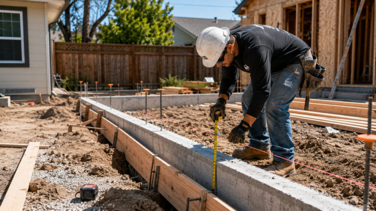 Contractor measuring ADU site at backyard construction