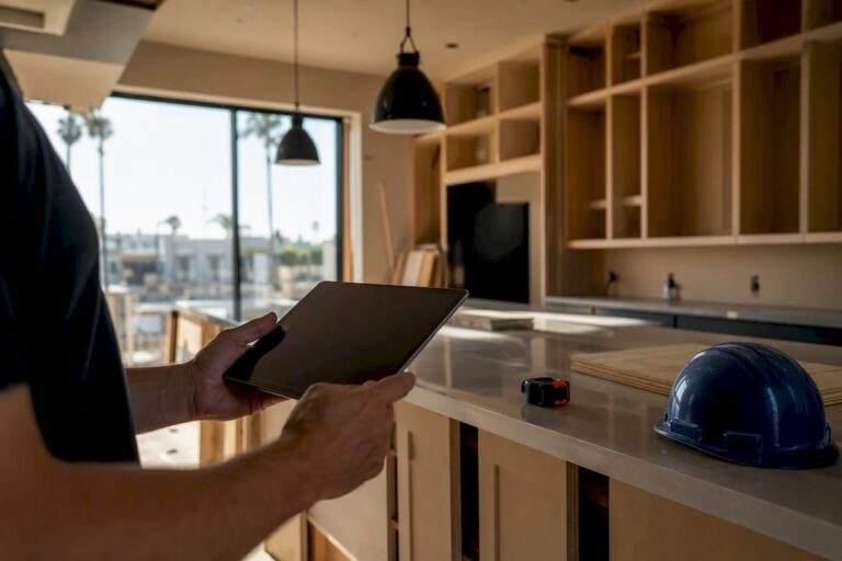 Hands holding tablet overlooking kitchen framing