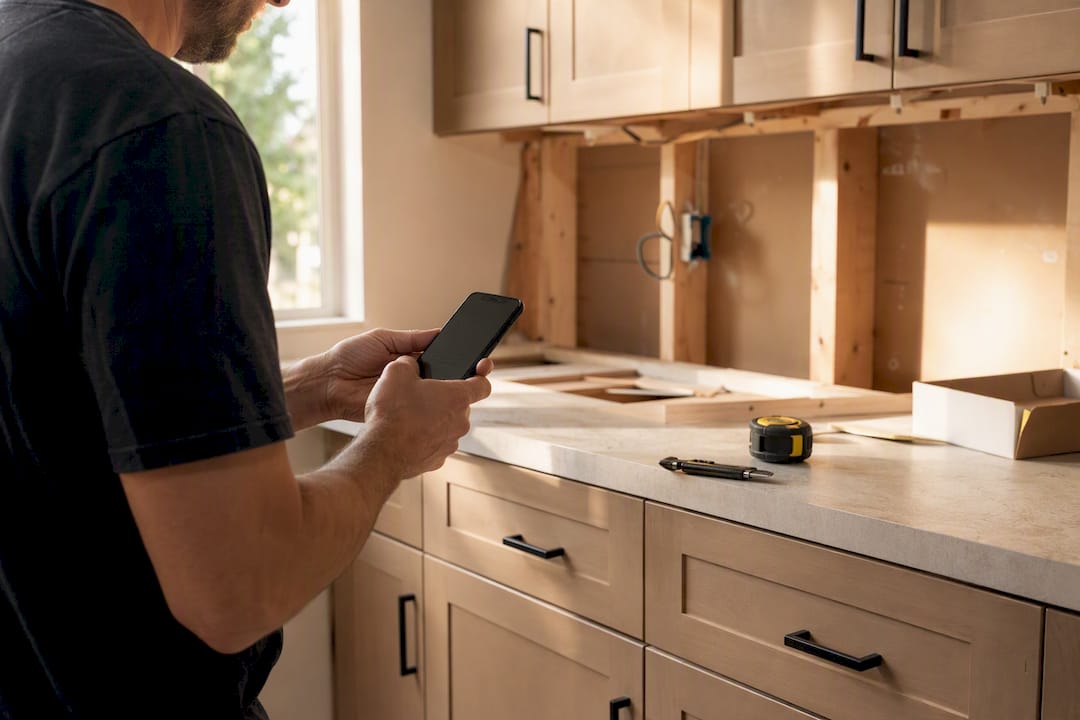 Worker hands taking photo of kitchen wall patch