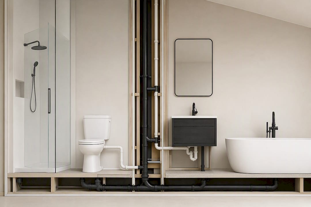 Wet-wall plumbing layout diagram for garage ADU