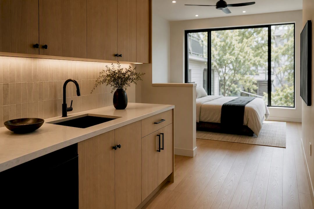 Compact studio layout kitchen and sleeping nook in ADU