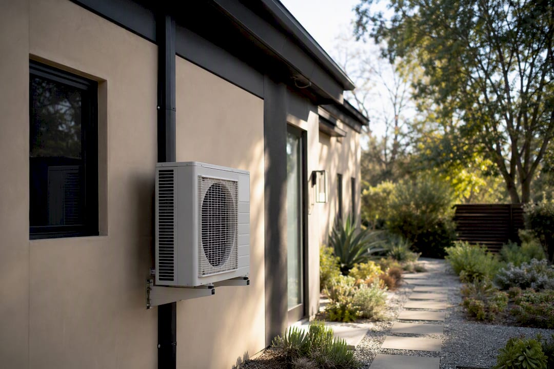 Mini-split HVAC unit on garage ADU exterior wall