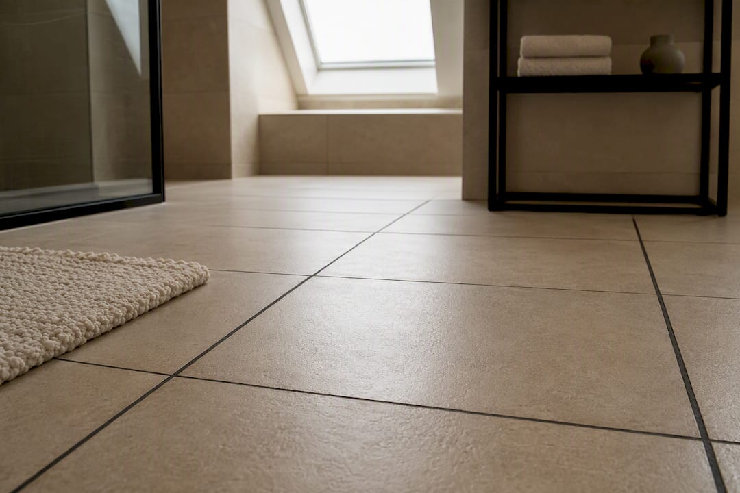 Close-up of warm bathroom floor tile surface