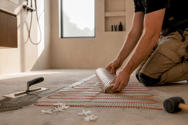 Installer placing radiant floor heating mat in bathroom