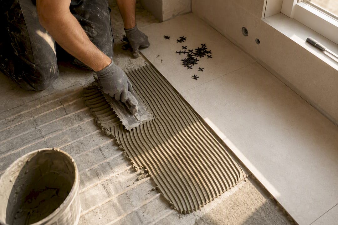 Installer smoothing thin-set mortar on bathroom floor