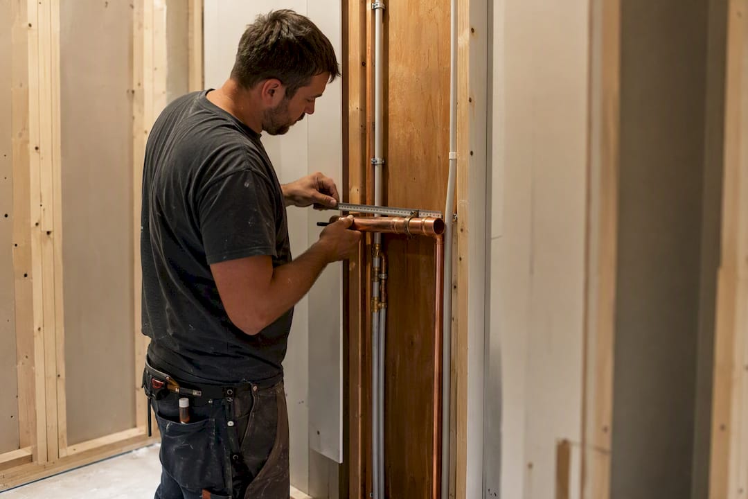 Hands adjusting plumbing pipes in bathroom