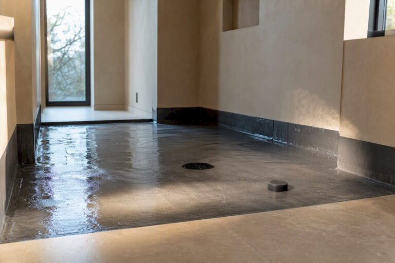 Waterproofed curbless shower during flood test