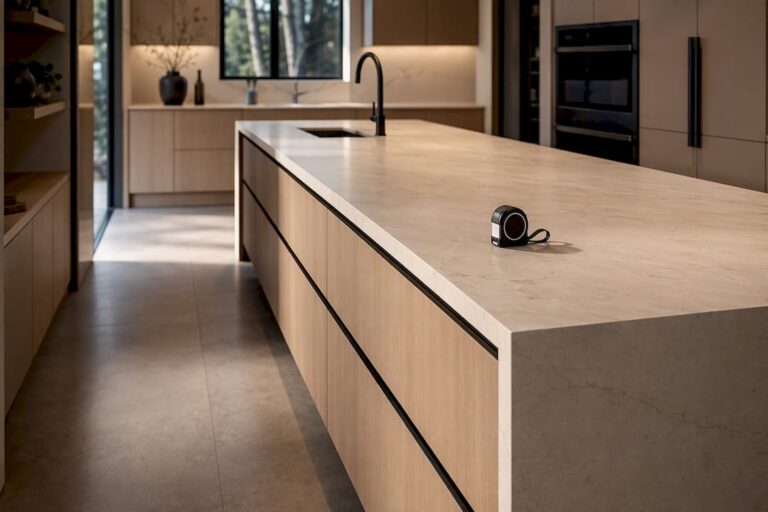 Modern kitchen island with generous aisle clearance
