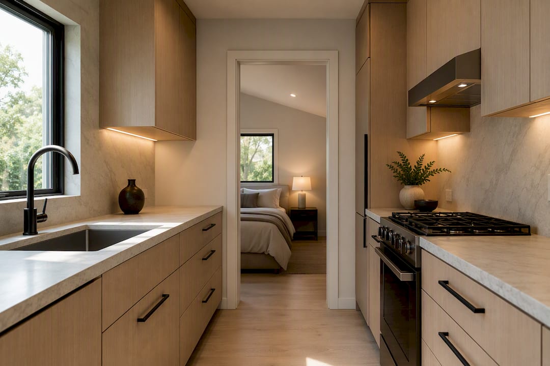 Modern ADU galley kitchen and bedroom doorway