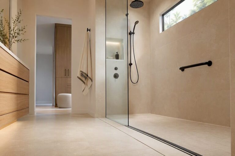 Modern accessible bathroom with curbless shower
