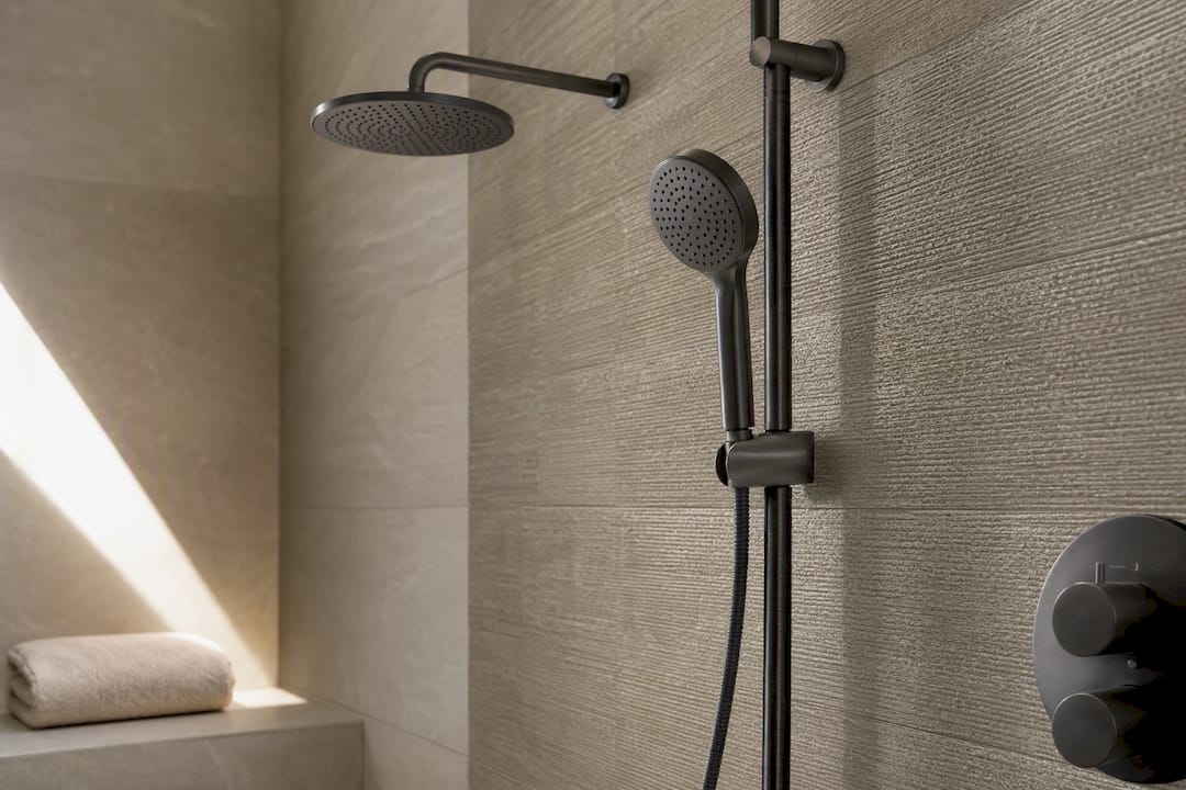 Handheld shower and rainhead beside matte tile