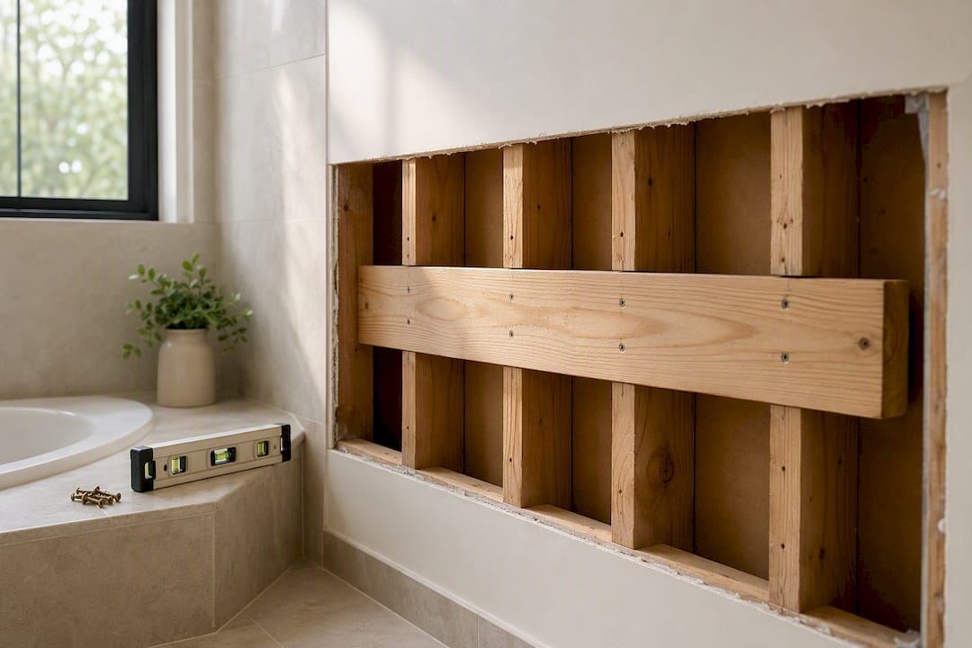 Wall blocking prepared for bathroom grab bar