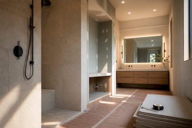 Modern bathroom remodel in construction transition