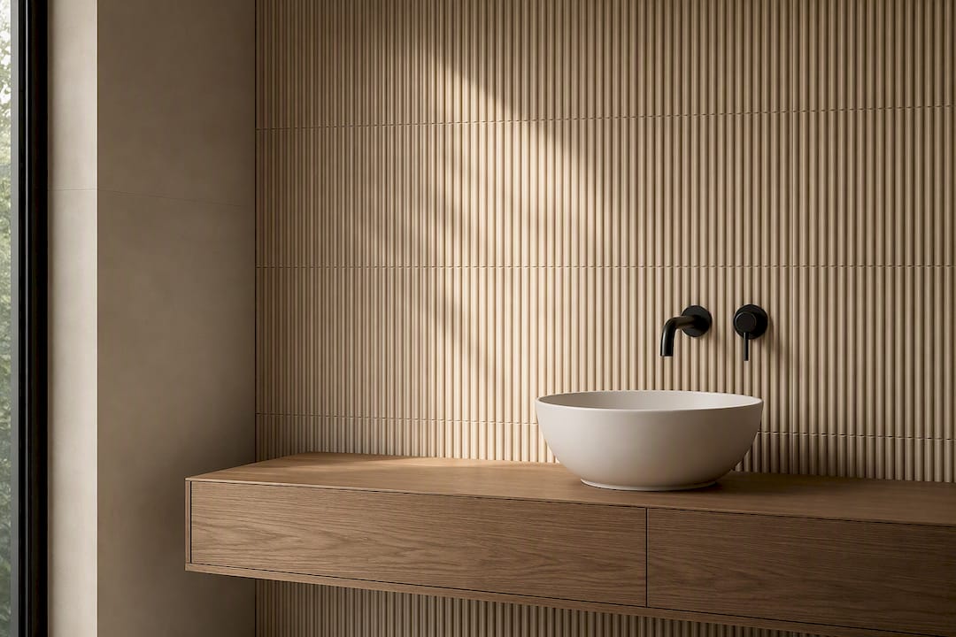 Fluted tile accent wall in modern bathroom