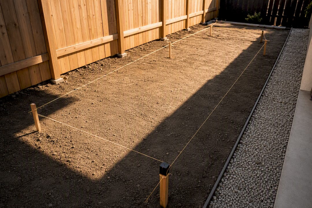 Stakes and string marking an ADU footprint