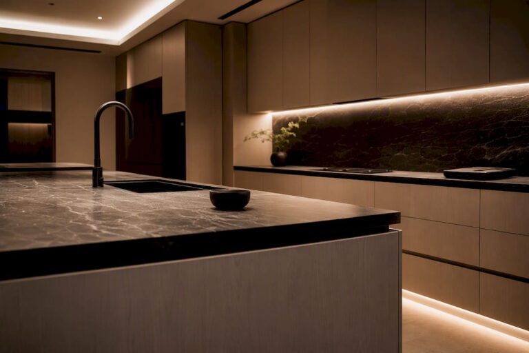 Modern kitchen with layered ambient task accent lighting