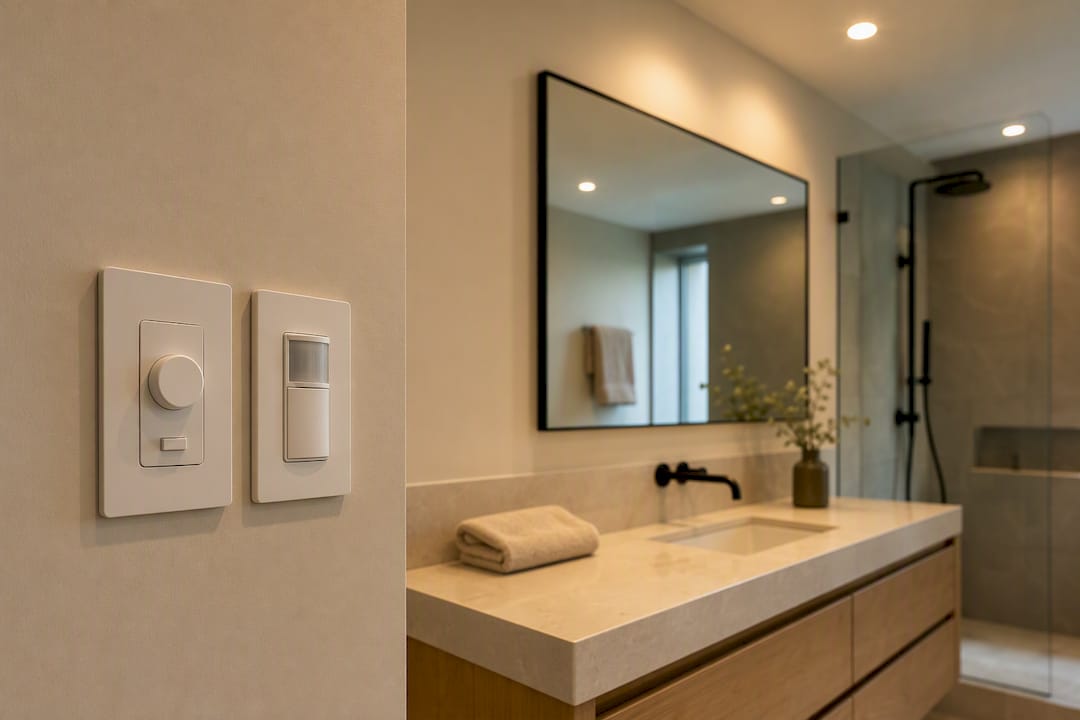 Modern bathroom with recessed lighting controls