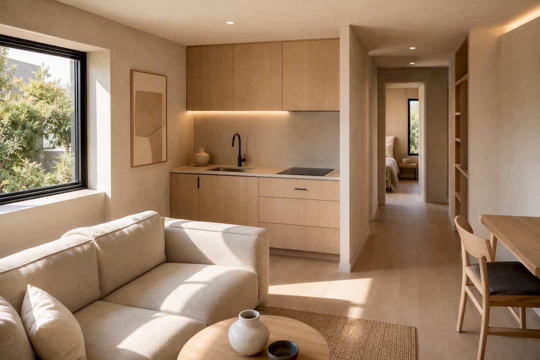 Compact modern ADU living and kitchen