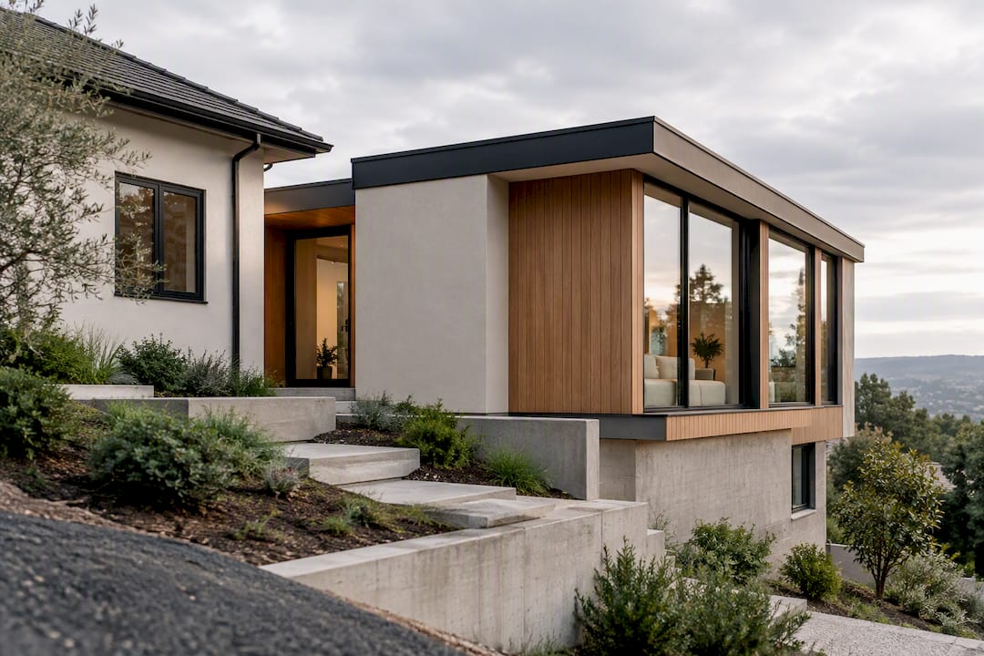 Modern house addition integrated into sloped site