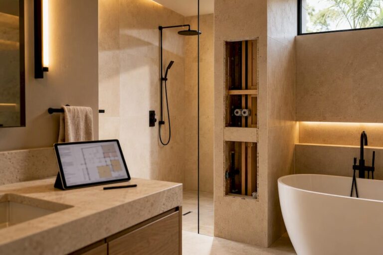 Modern bathroom prepared for permit review