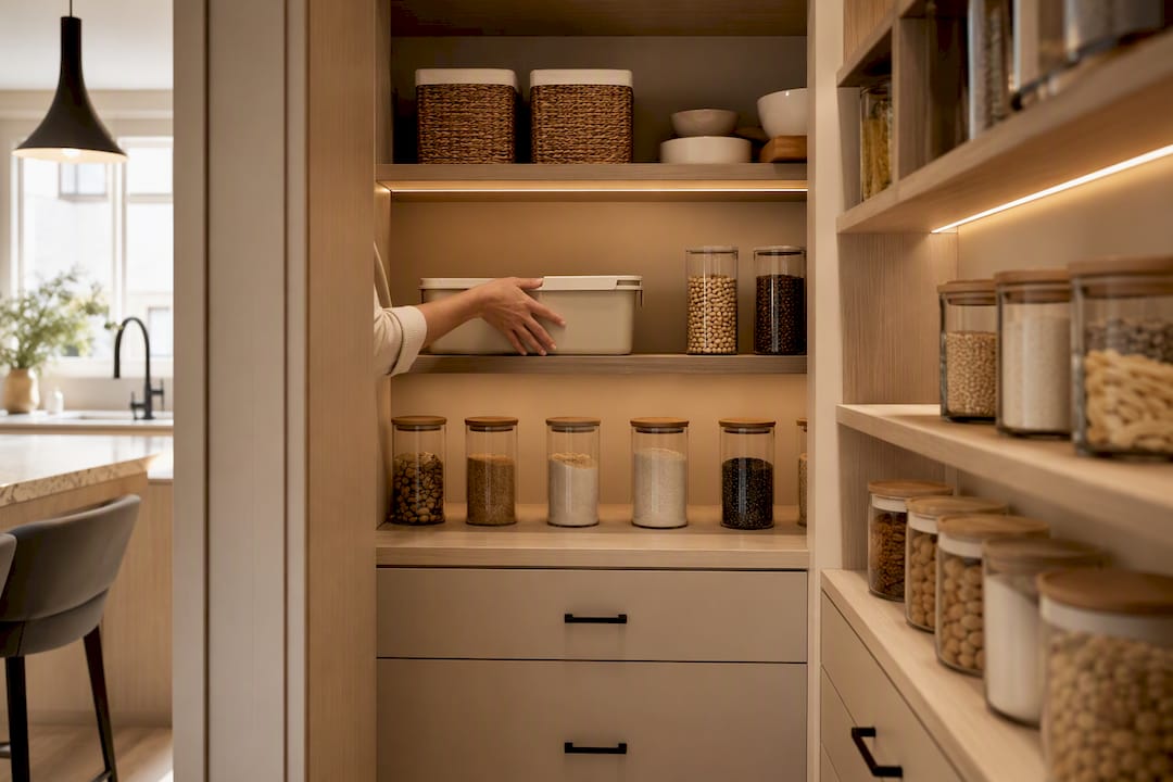U-shaped walk-in pantry with deep shelving