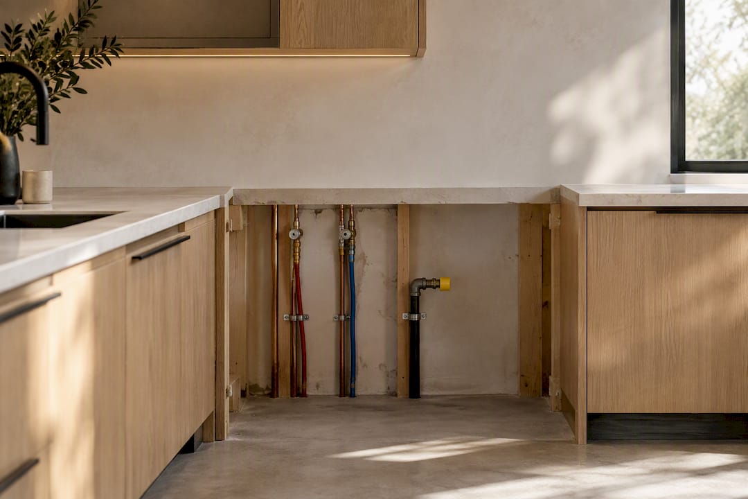Modern kitchen wall with exposed utility lines