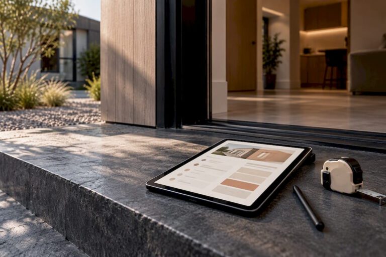 Tablet beside modern ADU entry