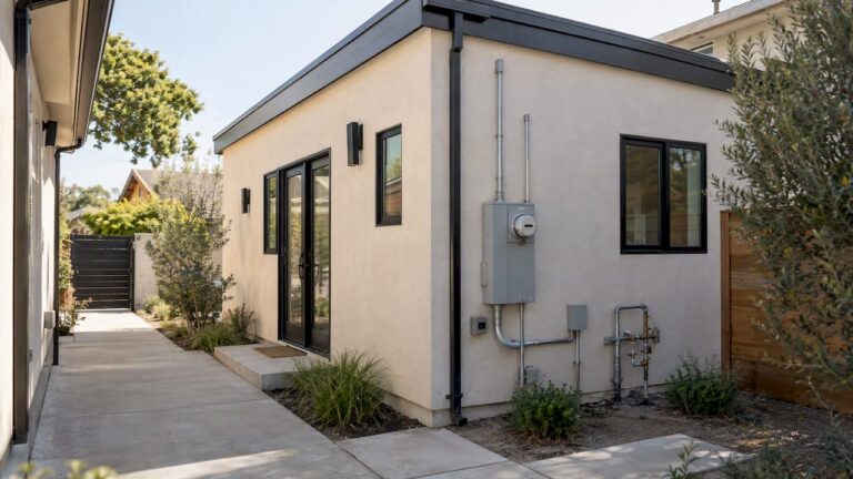 Modern ADU with visible utility connections