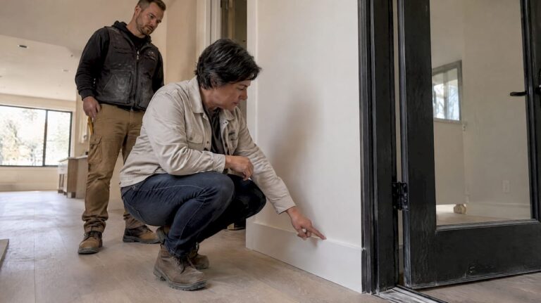 Inspector reviewing finished modern house details