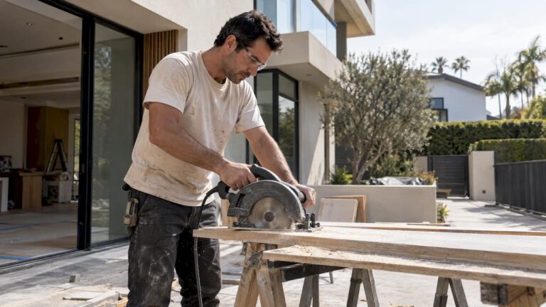 Circular saw operating beside a modern house