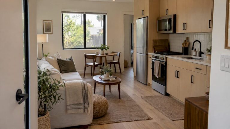 Compact modern ADU living area and kitchen