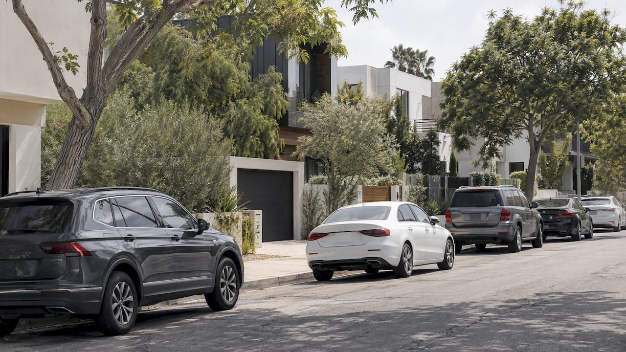 Cars parked along a residential block