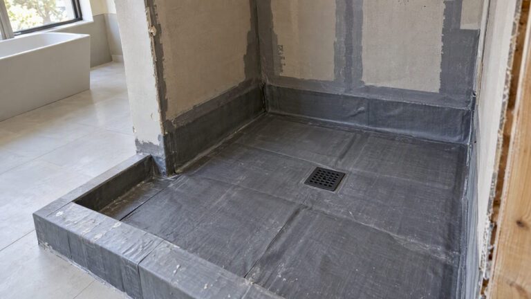 Waterproof membrane covering a sloped shower floor